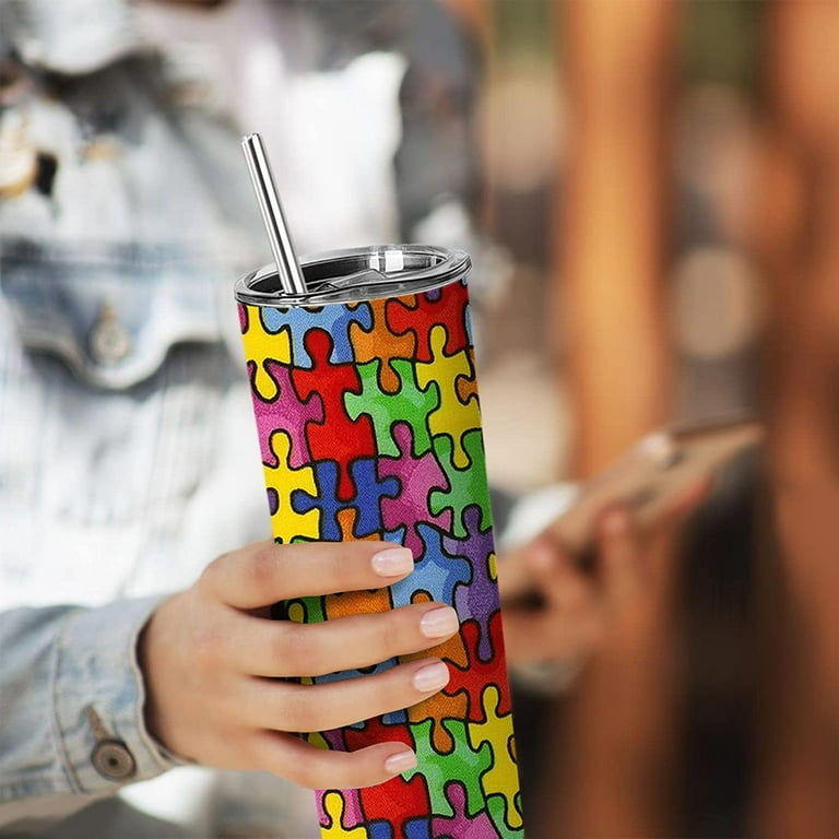 Autism Awareness Colorful Puzzle Piece Skinny Stainless Steel