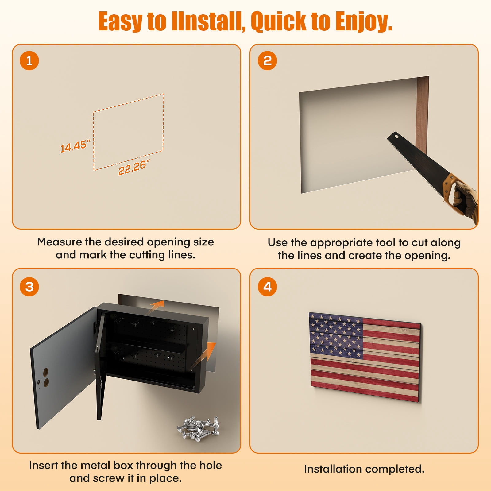 Metateel in-Wall Gun Safe with Key Lock, Between Studs Wall Cabinet Fits 24-Inch Stud Spacing, Magnetic Hooks & Removable Shelf, Anti-Theft Locking Rod