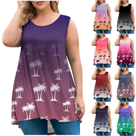 pstuiky Tank Top Women, Women Oversized Sleeveless Tank Top with Gradient Palm Print Loose Fit Round Neck Casual Blouse for Summer Beach Fashion Womens Summer Tops Clearance Black L