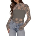thumbnail image 3 of VBVC Women's Long Sleeve Lace Mesh Sheer Top,Ladies High Neck See-Through Floral Blouse,Slim Fit Party Clubwear Crop Top for Women,Gray,S-XL, 3 of 7