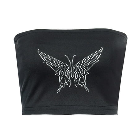 

Womens Sexy Strapless Bandeau Butterflies Hot Drilling Wrapped Chest Tube Top