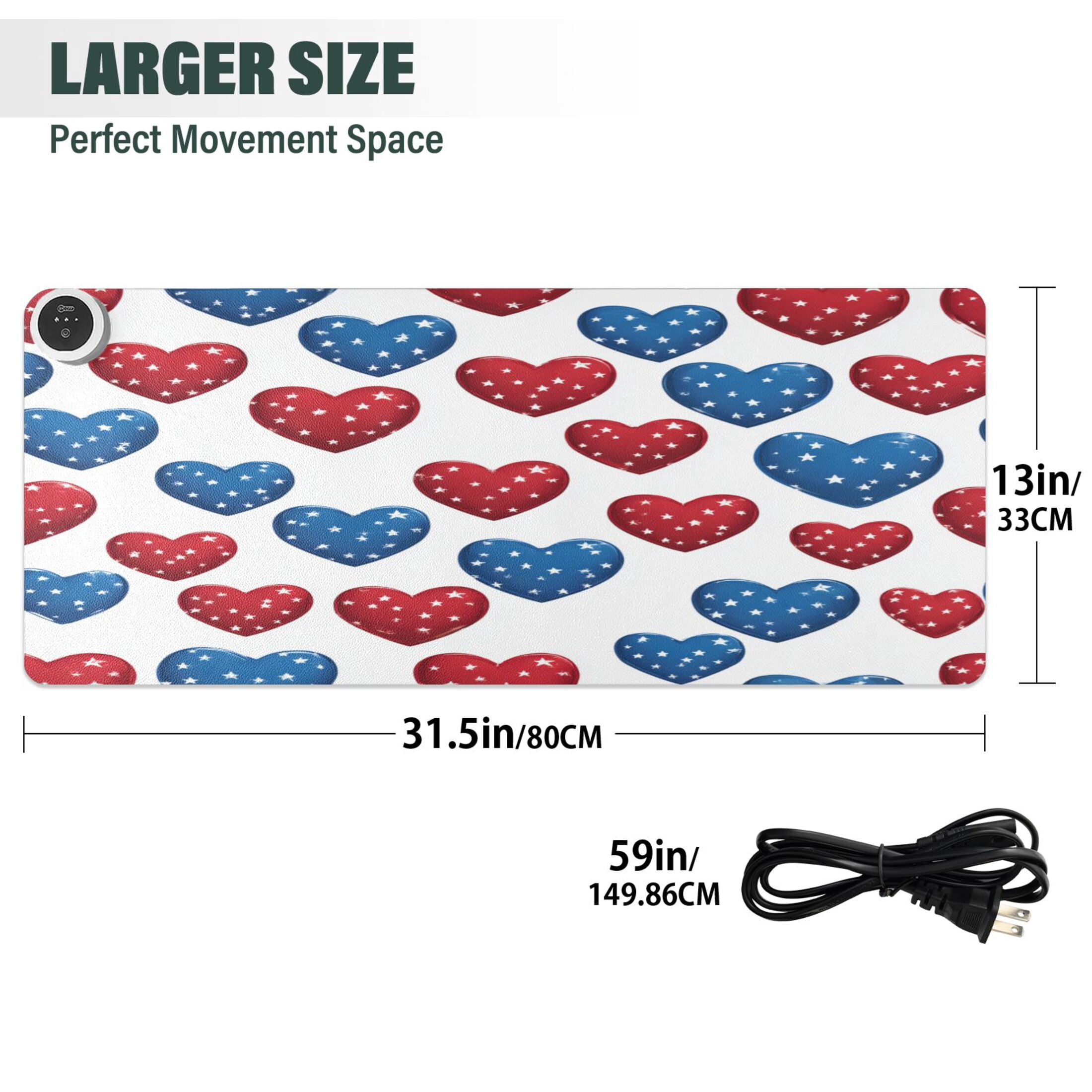 Large Heated Desk Mat Mouse Pad 31.5"x13"PU Leather Graphene Heating Desk Warmer with 3 Temperature Settings 110V US Plug Non-Slip Warm Pad for Home, Office, and Gaming Patriotic Star Hearts Print