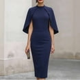 thumbnail image 2 of Womens Crew Neck Cape Sleeve Solid Color Slim Package Hip Dress Nightclub Dress Navy S(S), 2 of 5