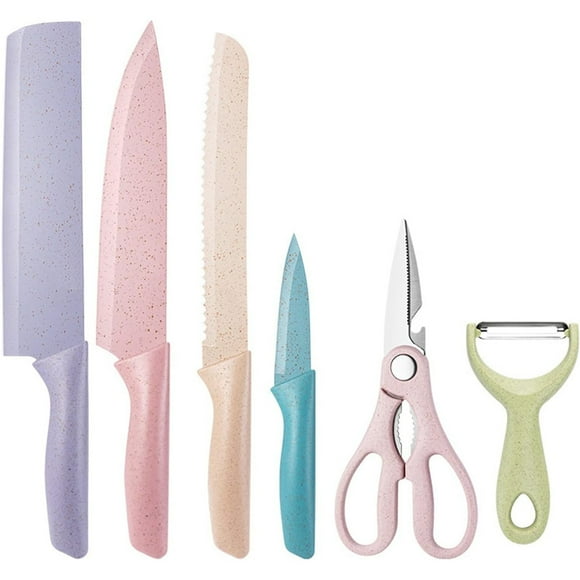 Toytexx 6-Piece Colorful Kitchen Knife Set with Peeler & Scissors – Cleaver, Chef, Bread & Paring Knives, High-Grade Stainless Steel Blades, Ergonomic Pastel Handles for Home Cooking & Meal Prep