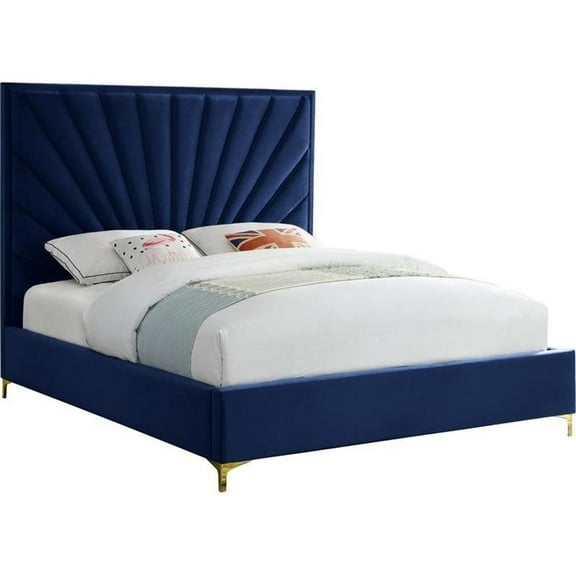 Maklaine Contemporary Solid Wood and Velvet Full Bed in Navy
