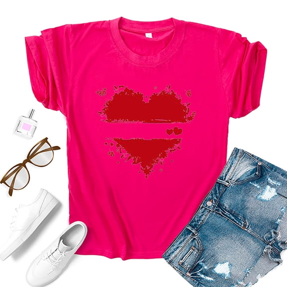 POTETI Valentines T Shirts Women Womens T Shirts,Girl Short Sleeve Hot Pink Tees Crew Neck Sweetheart Print Casual Tops