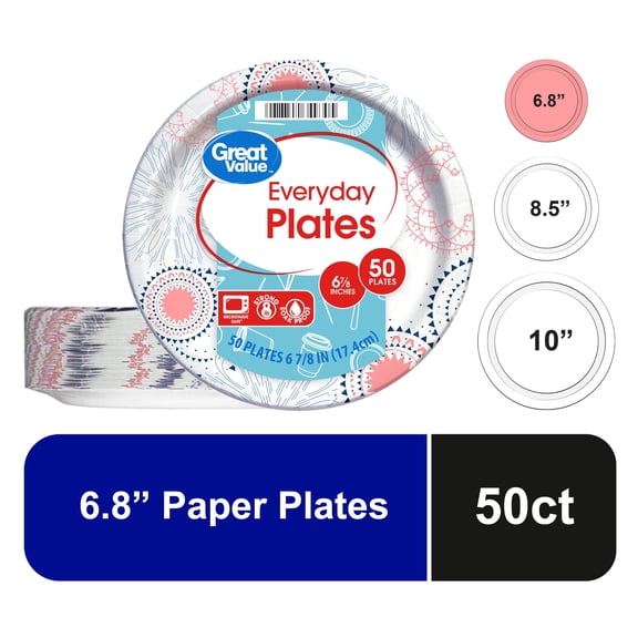 Great Value Everyday Patterned Paper Plates, 7", 50 Count