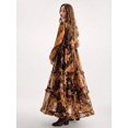 thumbnail image 3 of Multicolor Bohemian Chiffon Flowy Dress With Frill Trim, Loose Fit Deep V-Neck Long Sleeve, 3 of 8