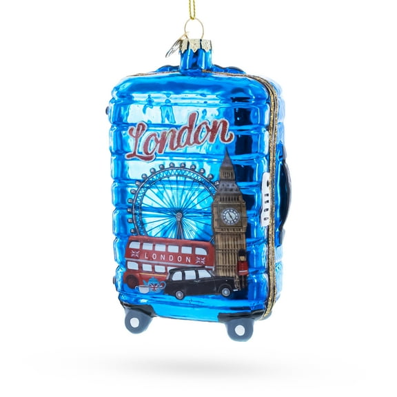 London Landmarks Suitcase Glass Christmas Ornament