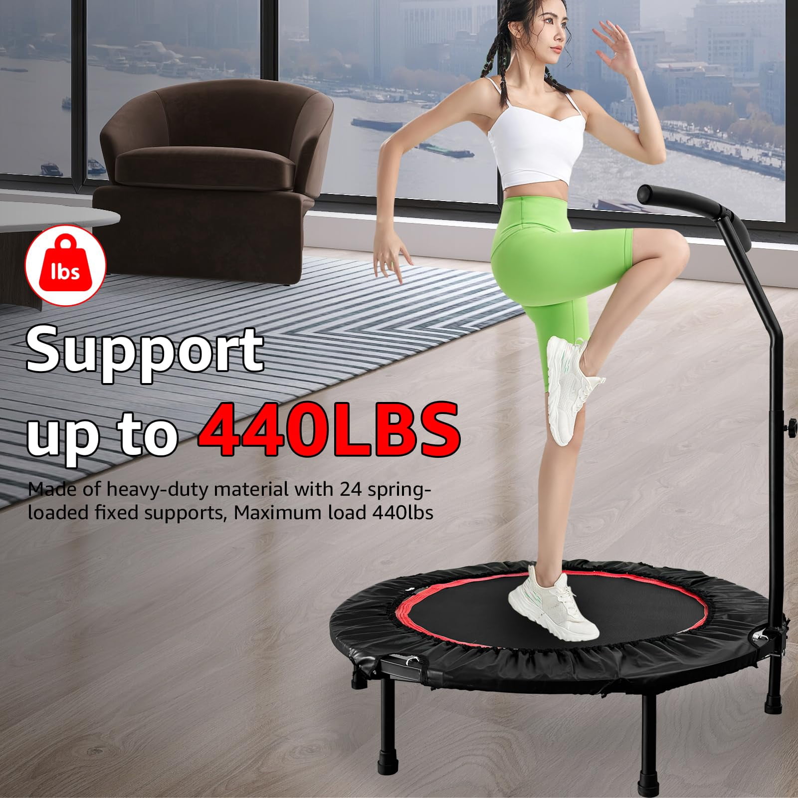 EVGTTI 40 inch Foldable Mini Trampoline, Bungee Fitness Trampoline with Adjustable T Shape Foam Handle Bar, 440 LBS Weight Capacity
