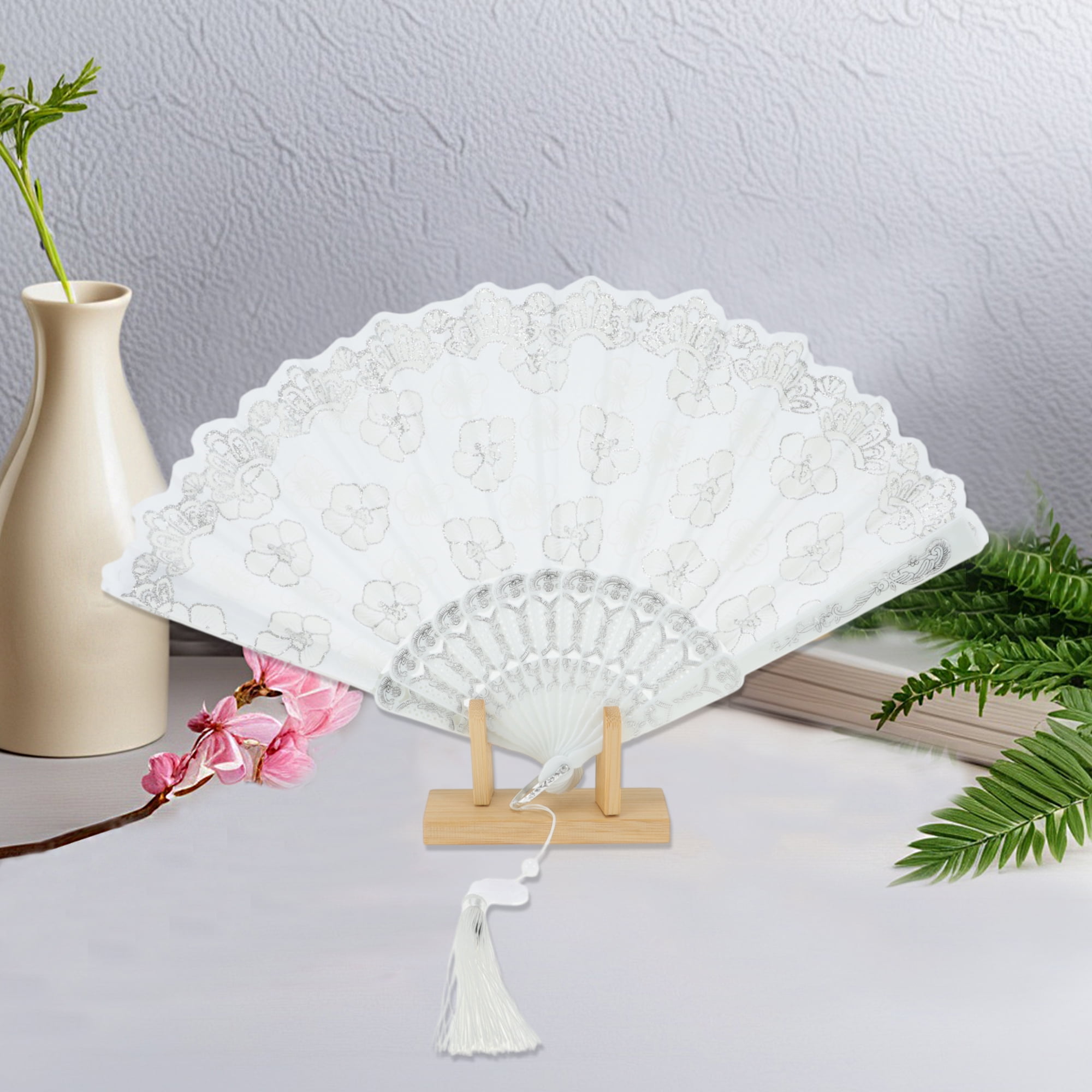 Unique Bargains Elegant Cherry Blossom With Tassel Folding Fan 1 Pc Silver Tone