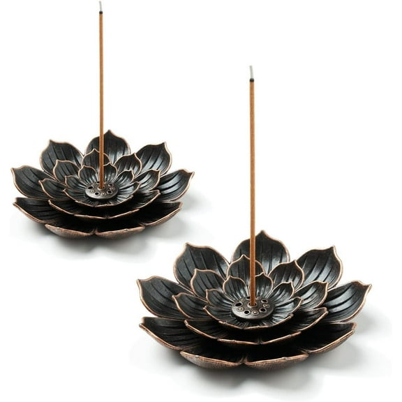 2 Pack Brass Incense Burner Holder - Lotus Shaped Stick Incense Holder for Meditation, Yoga, Home Decor - Durable Metal Cone & Stick Incense Stand with Ash Catcher