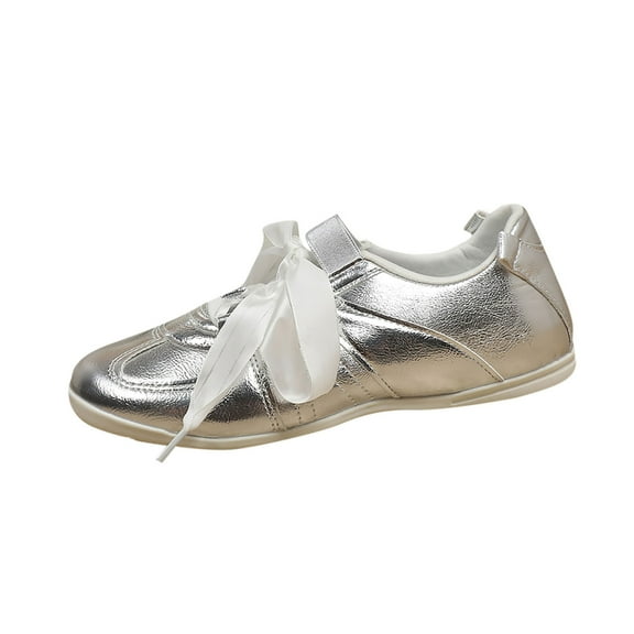 KEGIRLOM Women's Comfortable Matching Shoes Round Toe Flat Lace-Up Casual Shoes Silver 5.5