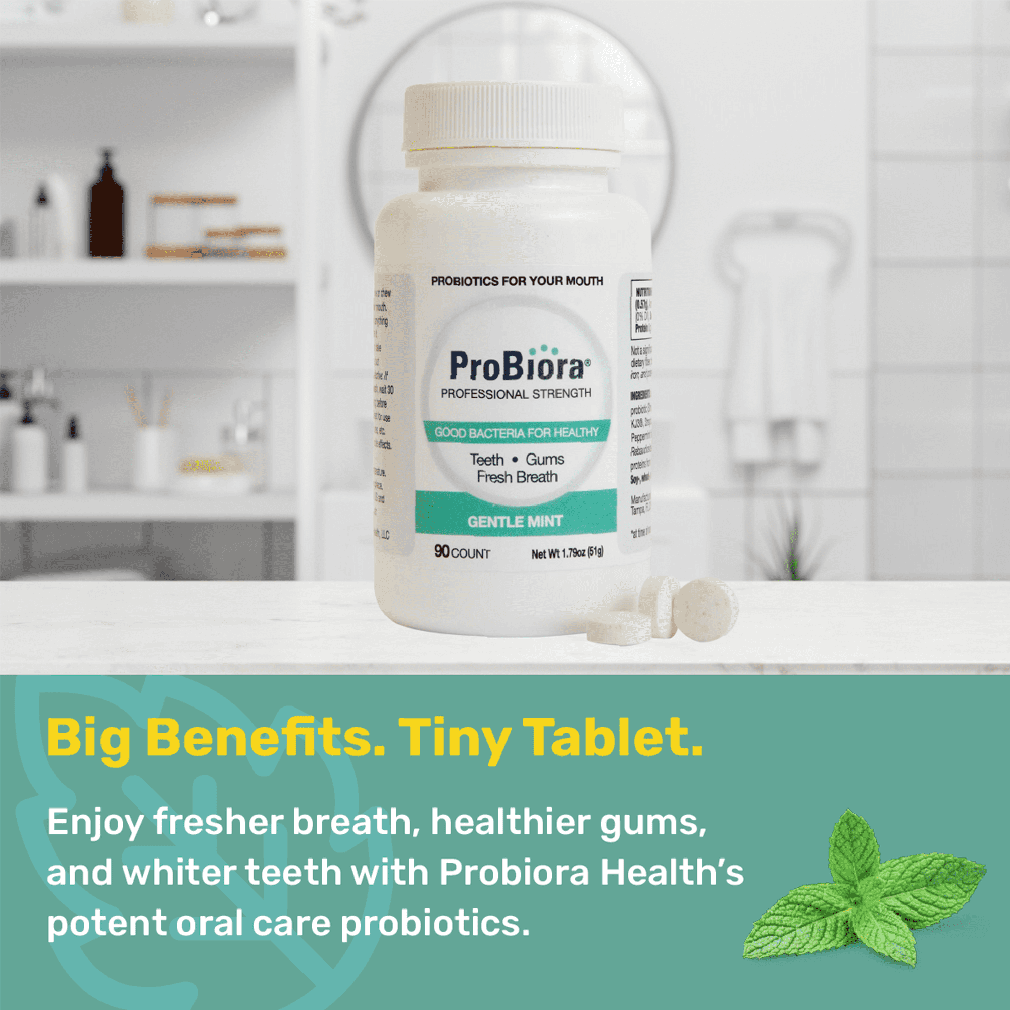ProBiora Professional Strength Natural Oral Probiotic Mints, Gentle Mint, 90 Tablets