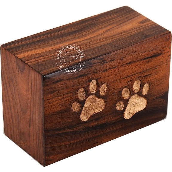 Paw Engraved Rosewood Pet Urn for Dogs Cats Memorial Keepsake Urns for Ashes, Photo Wooden Box Cremation Urn (100 Cubic in, Two Paws - White)