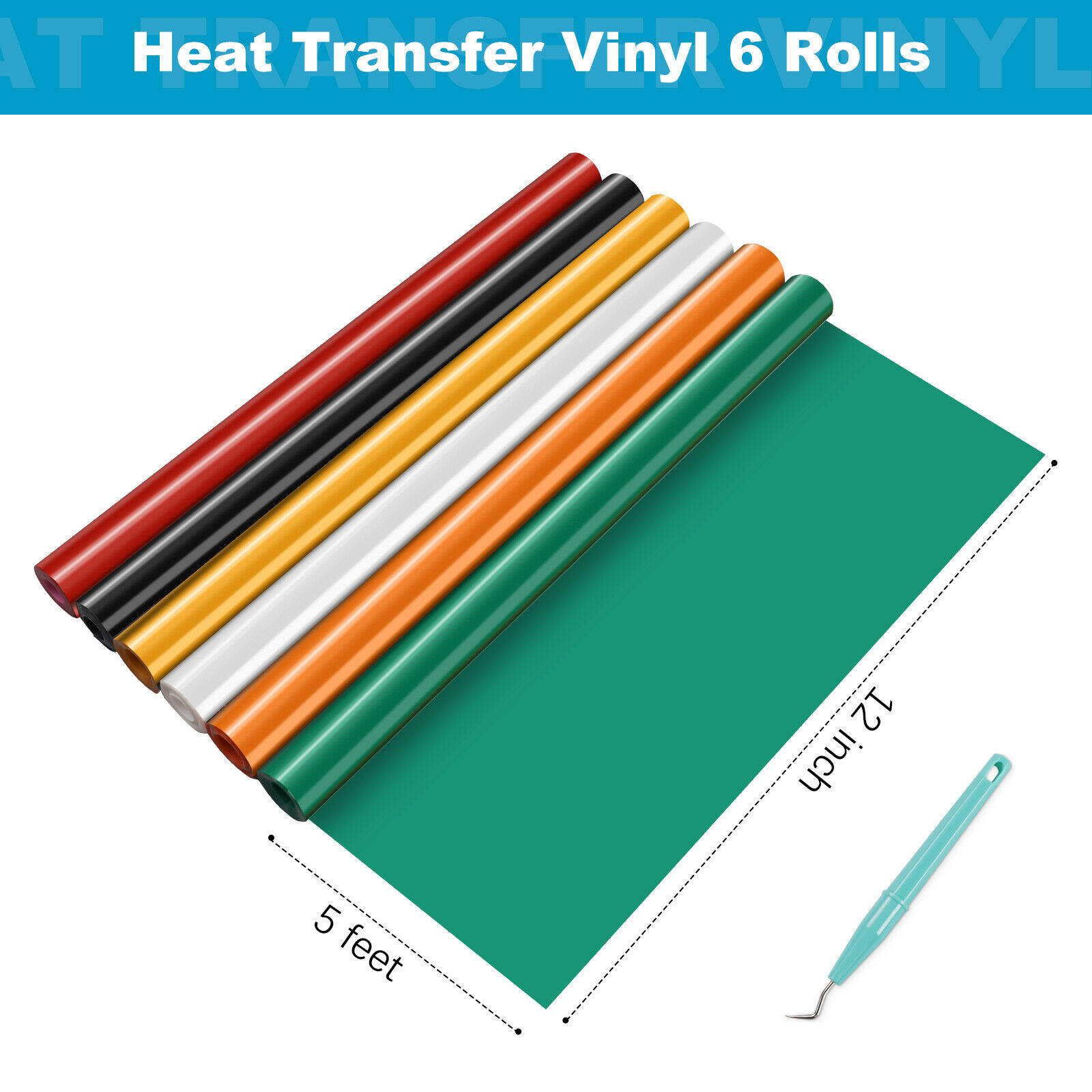 HTVRONT HTV Heat Transfer Vinyl Bundle (6 Pack) - 6 Inch by 5 Feet HTV Vinyl Rolls, Easy to Cut Iron on Vinyl for Cutting Machine& Cameo, Easy to Weed Heat Transfer Vinyl