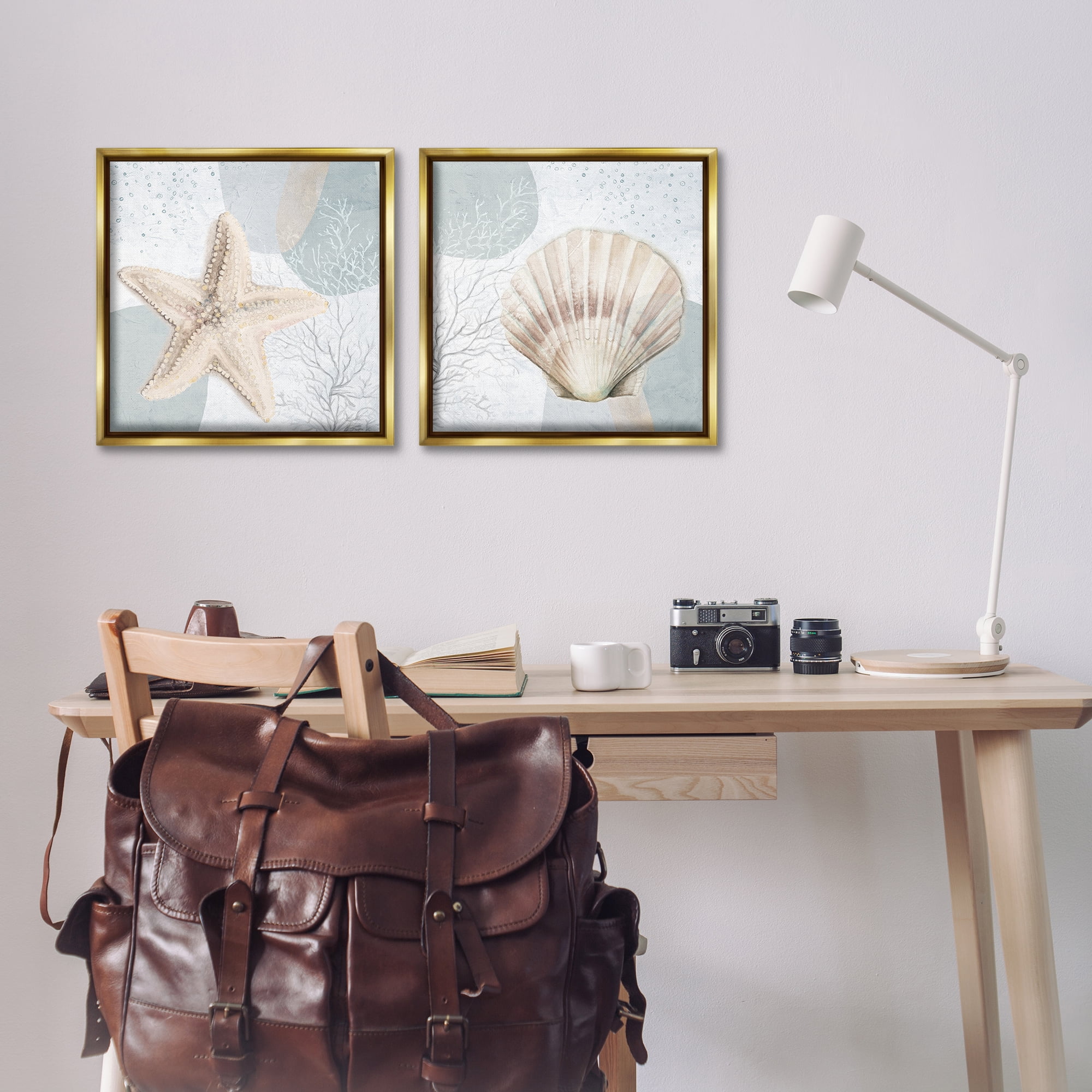 Stupell Industries Scallop Starfish Sealife Nautical & Beach Painting Gold Floater Framed Canvas Art Print Wall Art, 18 x 18, Set of 2