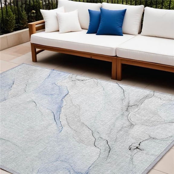 HomeRoots 560154 8 x 10 ft. Ivory Blue & Gray Abstract Washable Non Skid Indoor Outdoor Rectangle Machine Woven Area Rug