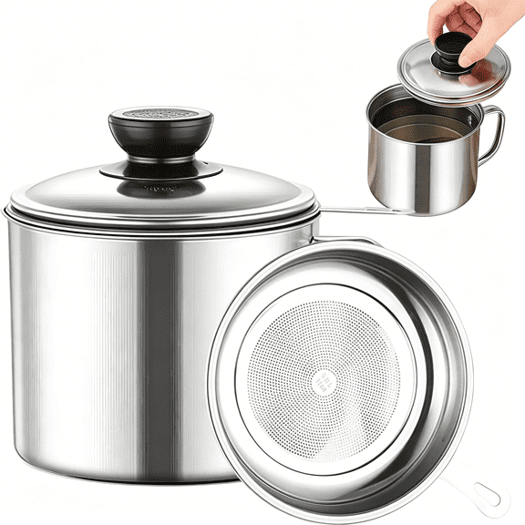 ACDANC Grease Container for Kitchen, 34Oz Bacon Grease Saver with Strainer, 410 Stainless Steel Cooking Oil Container Can, Oil Storage Keeper with Lid