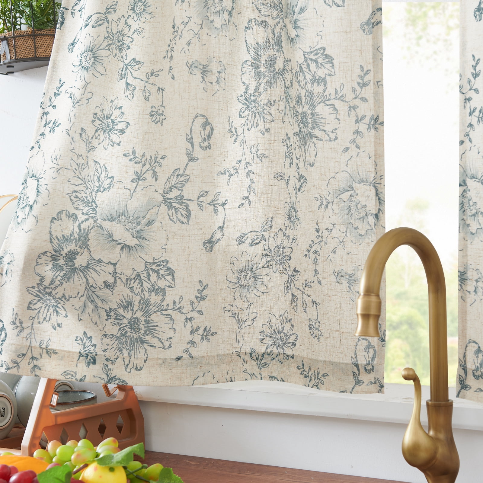 Curtainking Floral Kitchen Curtains Linen Cafe Curtains Rod Pocket Blue Curtains 26x45 inch Curtains for Living Room 2 Panels