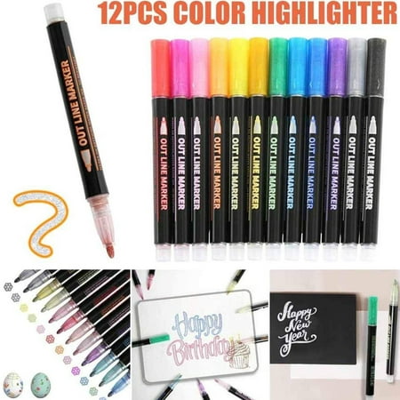Double Line Outline Marker Pens 12 Colours Metallic Outline Markers