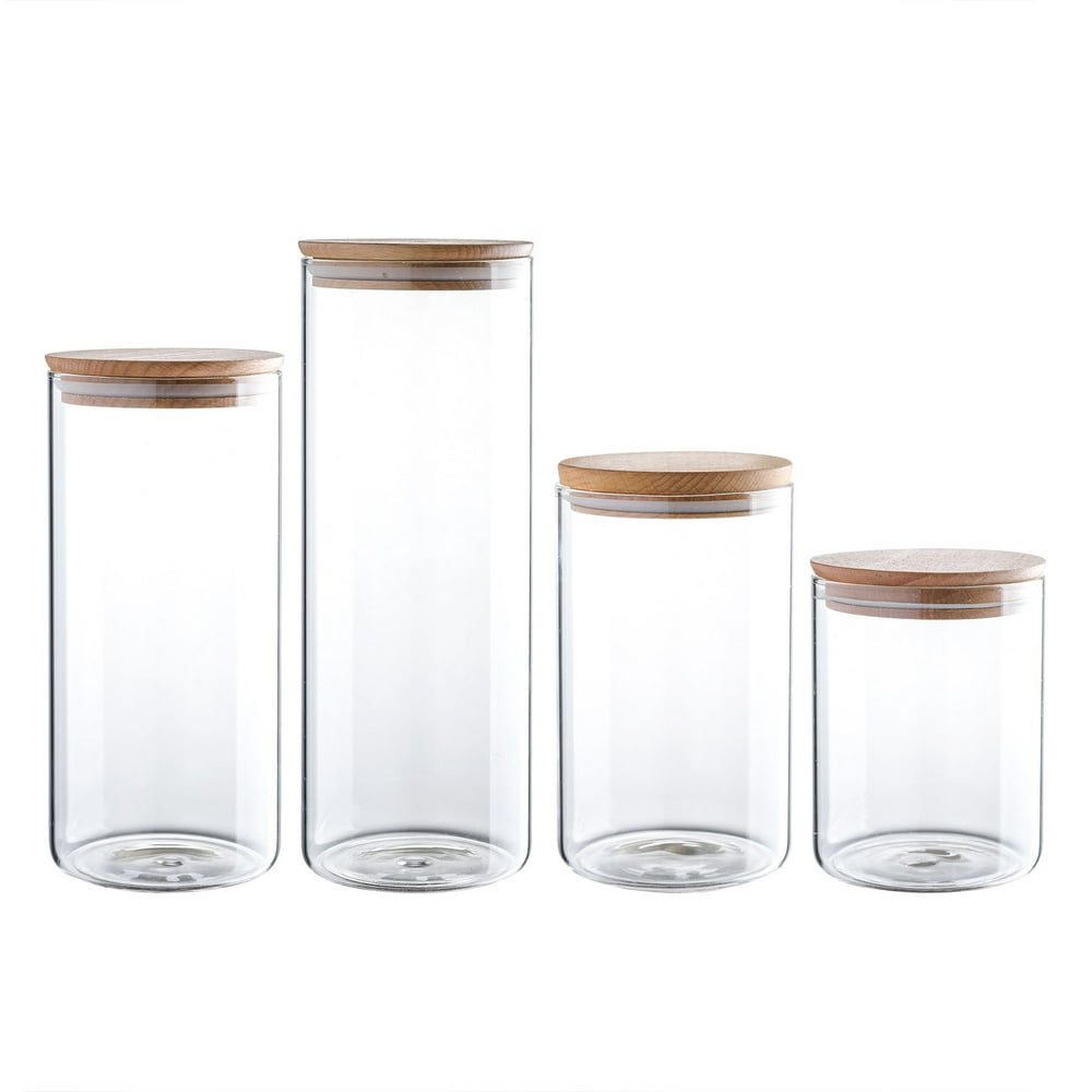 Clear Glass Storage Jar 60/47/34/24oz With Beech Wood Lid Set of 4