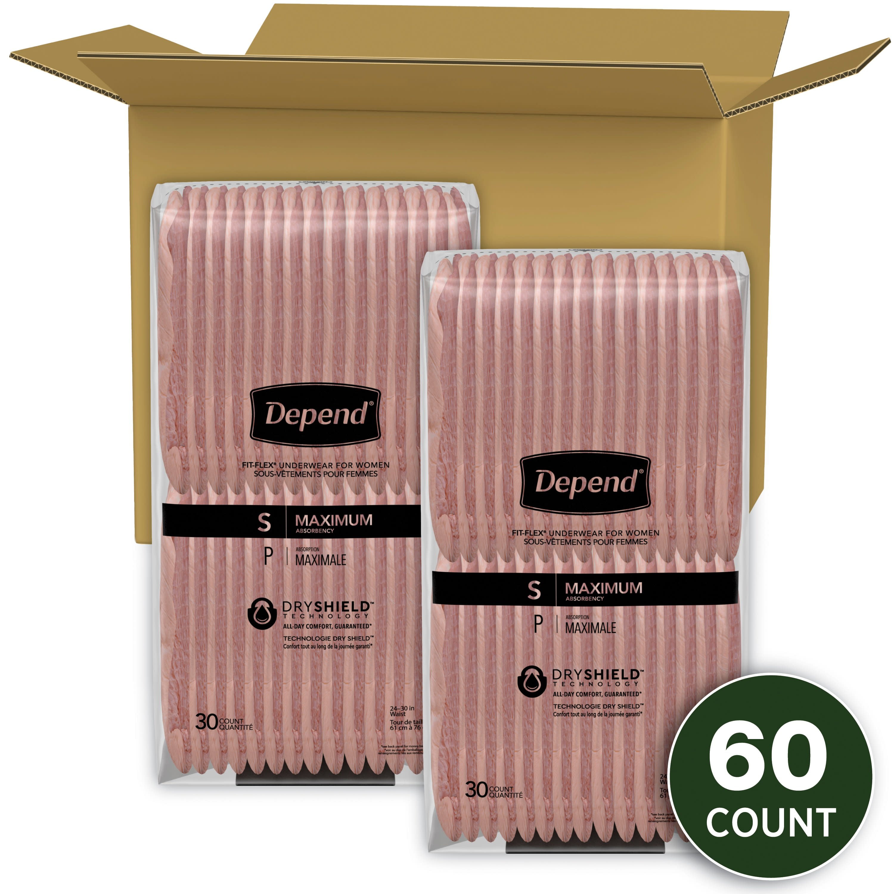 Depend Fit-Flex Women's Maximum Incontinence Underwear, S, Light Pink, 60 Count