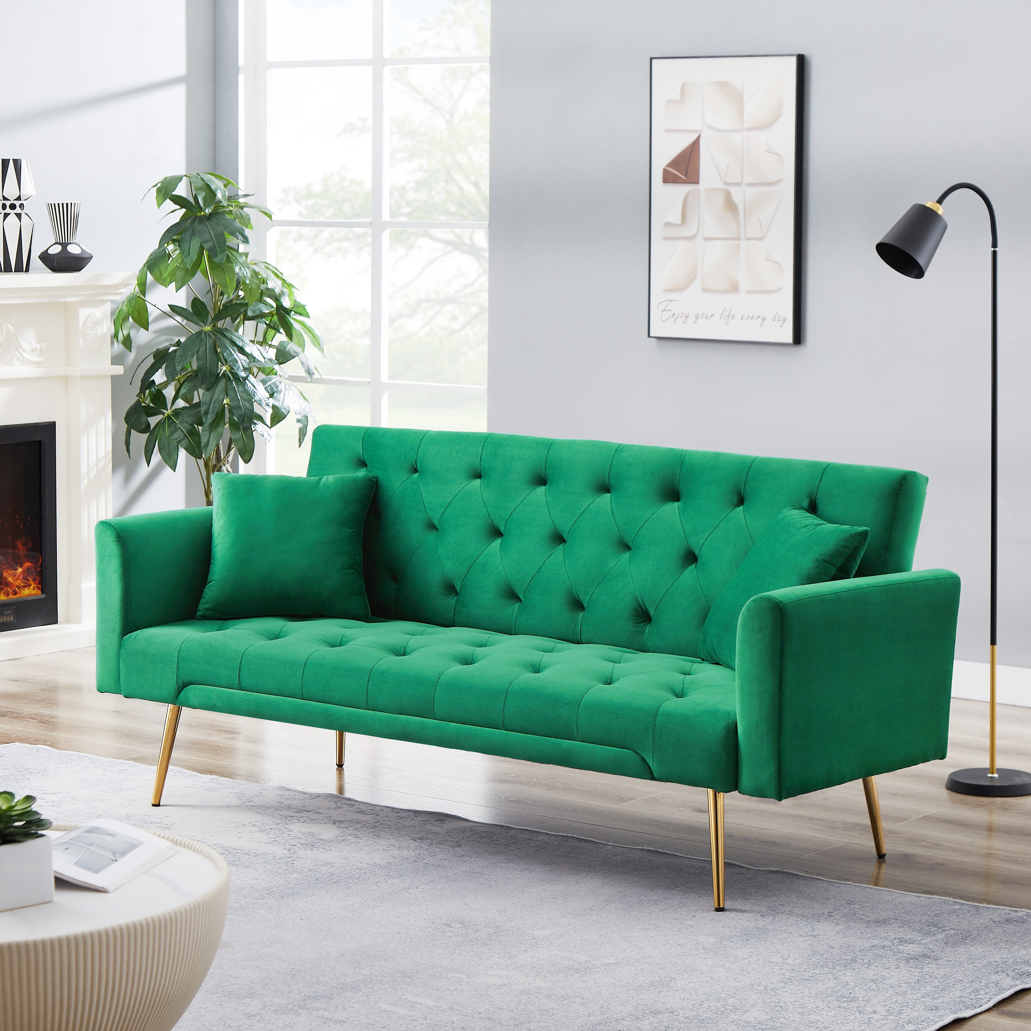 71 Inches Velvet Futon Sofa Bed with 2 Pillows,Modern Convertible Futon Couch with Adjustable Backrest,Green