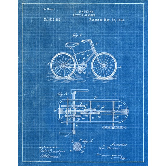 Original Bicycle Gearing Artwork Submitted In 1894 - Bicycles - Patent Art Print