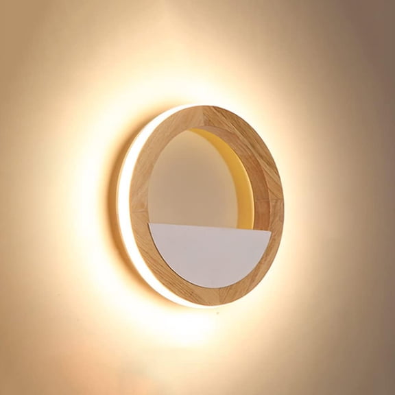 Round Wood Wall Light LED Ring Wall Sconce Lamp, Modern Home Deco Wall Lighting Fixture, Indoor Wall Wash Lights 15W Wall Lamps for Living Room Bedroom Bedside Hotel