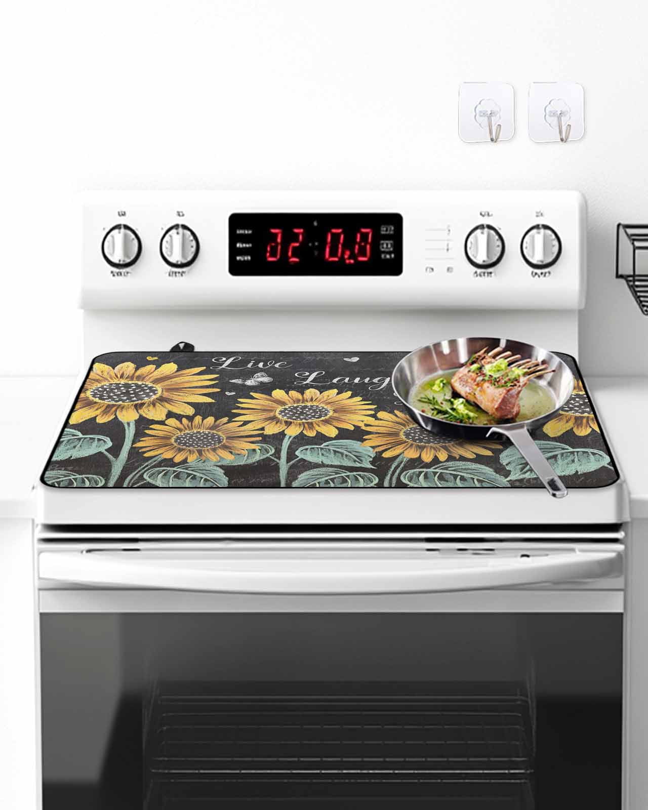 Stove Top Covers for Electric Stove, Summer Sunflowers Glass Stovetop Cover Protector, Farmhouse Cartoon Botanical Flowers Induction Cooktop Protector Oven Mat for Kitchen Countertop 24"x21"