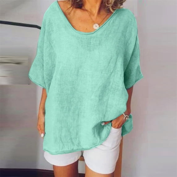 QLEICOM Womens Plus Size Summer Tops, Casual Loose Tops, Fashion Solid Cotton And Linen T Shirts, O-Neck Short Sleeve Fitting Pullover Tops Cardigan Blouse Green XL