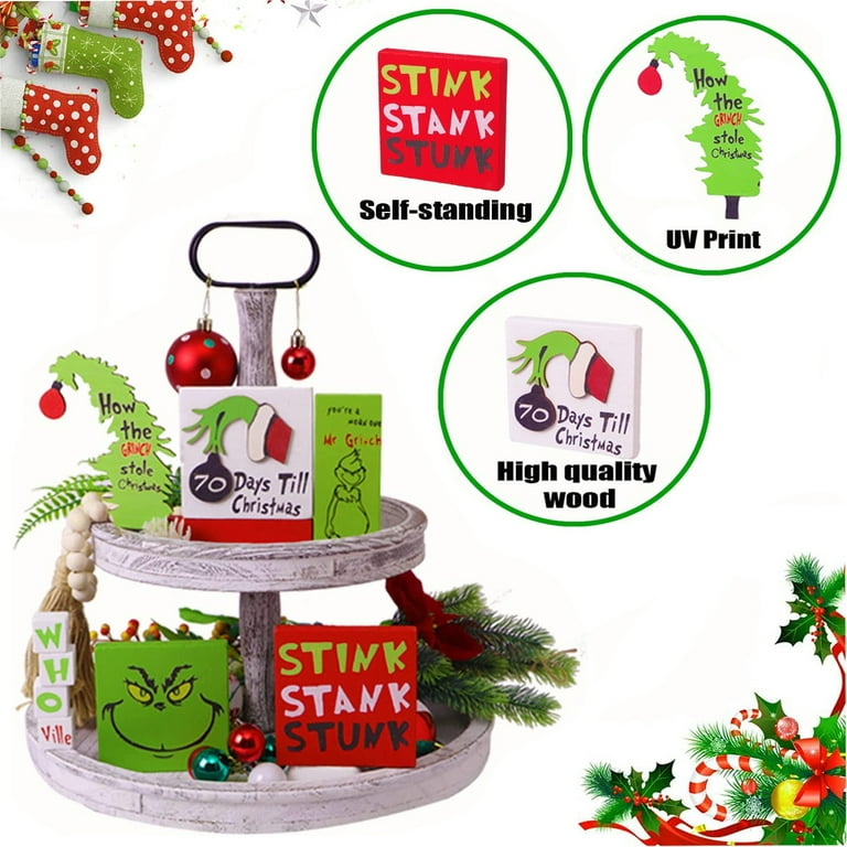 11PCS Grinchs Tiered Tray Decor,Christmas Tiered Tray Decor-Include Wooden  Signs/Gnomes Plush/Bead Garland,Grinch Christmas Decoration or Tiered Tray