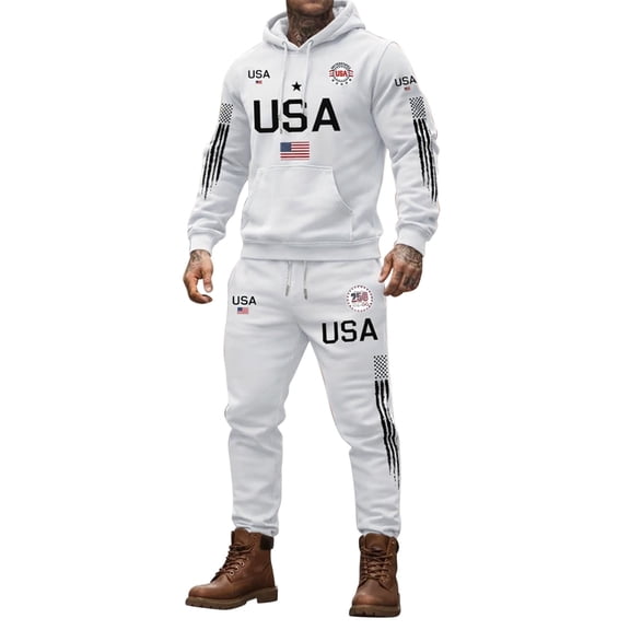 IWRICH USA Flag Sweatsuit for Men Plus Size Long Sleeve Hoodies Elastic Waist Drawstring Sweatpants 2 Piece Workout Tracksuits White XL
