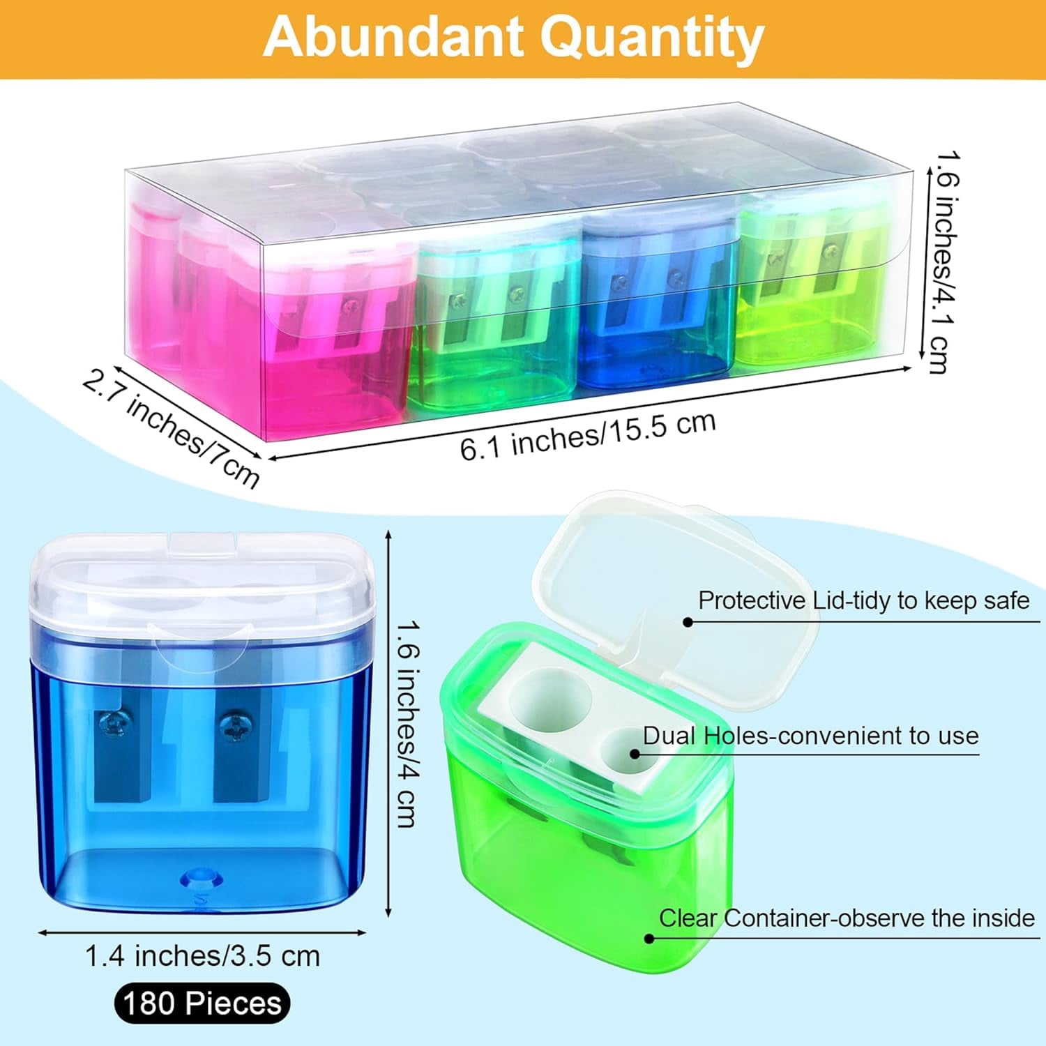 180 Pieces Pencil Sharpeners Manual Double Hole Pencil Sharpener for Dual Hole Pencil Sharpener for Office Home, Assorted 4 Colors