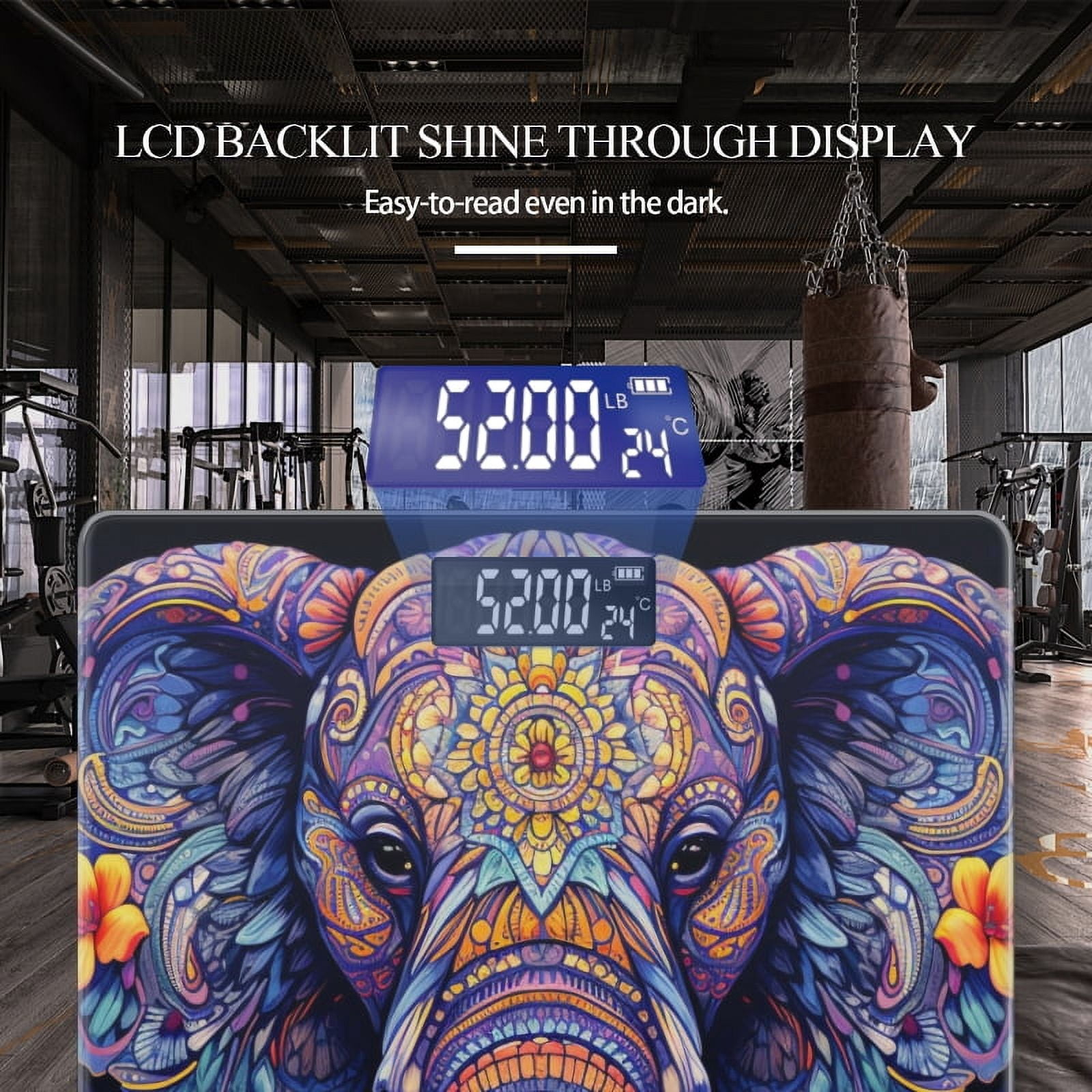 High Precision Body Weight Scale Smart Bathroom Scales with Large LCD Display(400lbs),Decorative for Bedroom-Elephant Head With Colorful Mandala Patterns With Flowers