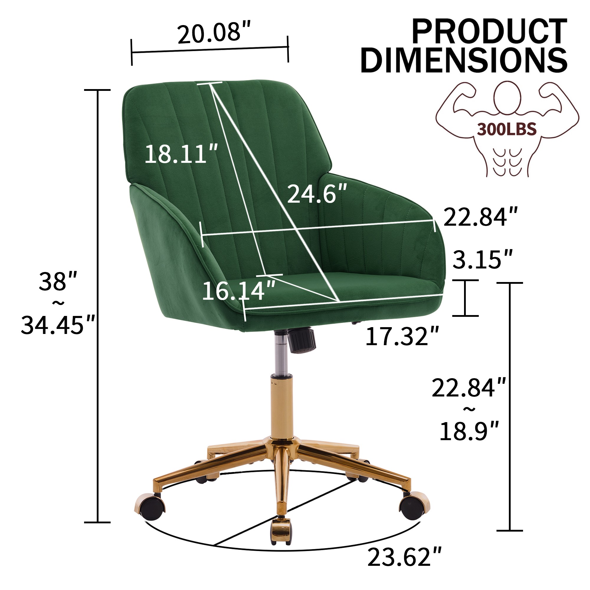 Modern Arm Chair,Adjustable Office Desk Chair with Wheels,Swivel Vanity Chair,Green