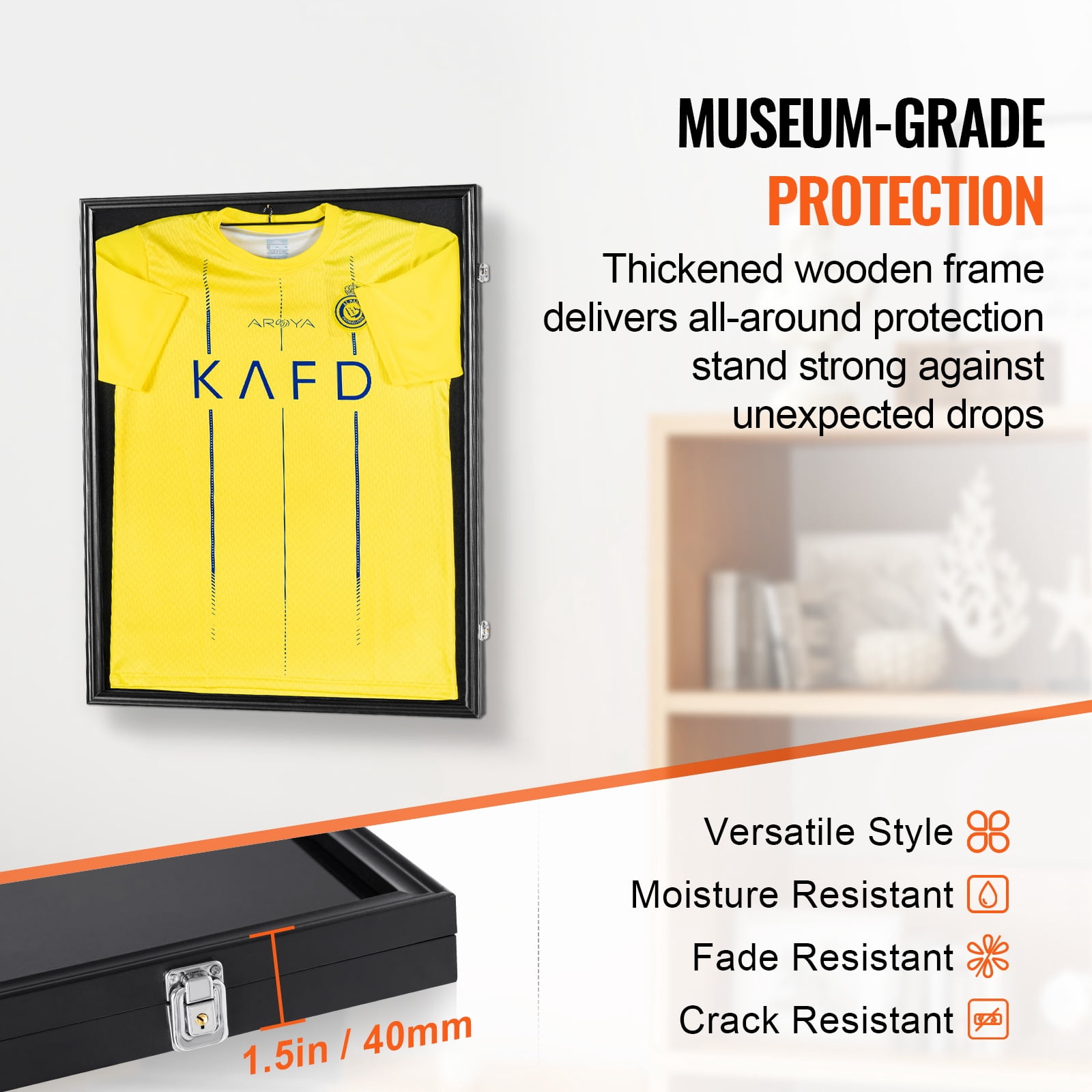 KFFKFF Lockable Jersey Frame Display, 24x32x1.5 inches, Spacious Sports Memorabilia Shadow Box with PC Glass for 98% UV Shielding, Includes Hangers, Suitable for Various Sports Apparel, Black