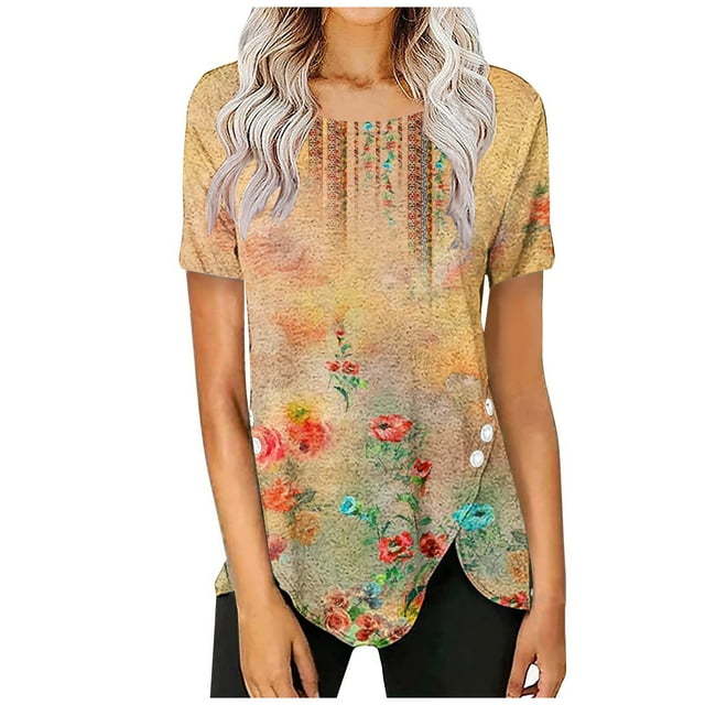 Qiopertar T-Shirts d'Été Mode Décontractée Col Rond Imprimé Manches Courtes Blouse Confortable pour Femmes Grandes Économies de Vacances! Offres de la Semaine Liquidation