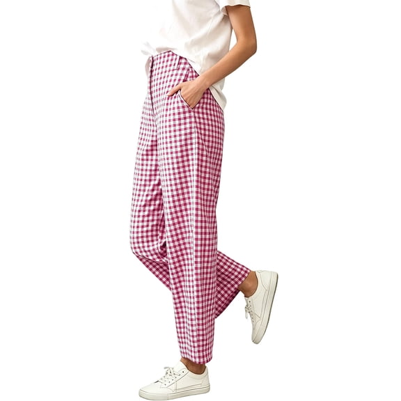 Utoimkio Women's Gingham Capri Pants Button High Waist Wide Leg Plaid Cropped Trousers with Side Pockets for Summer Daily Walking