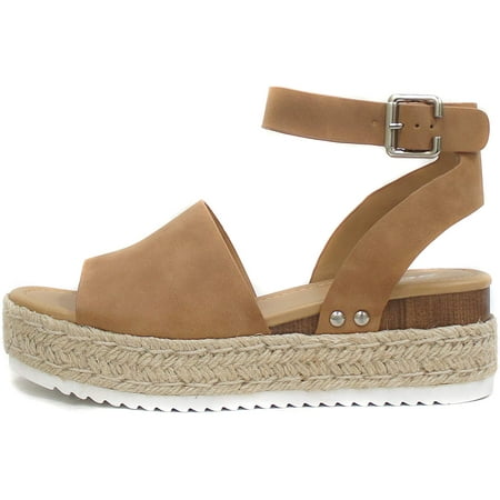 

Soda Topic Open Toe Buckle Ankle Strap Espadrilles Flatform Wedge Casual Sandal