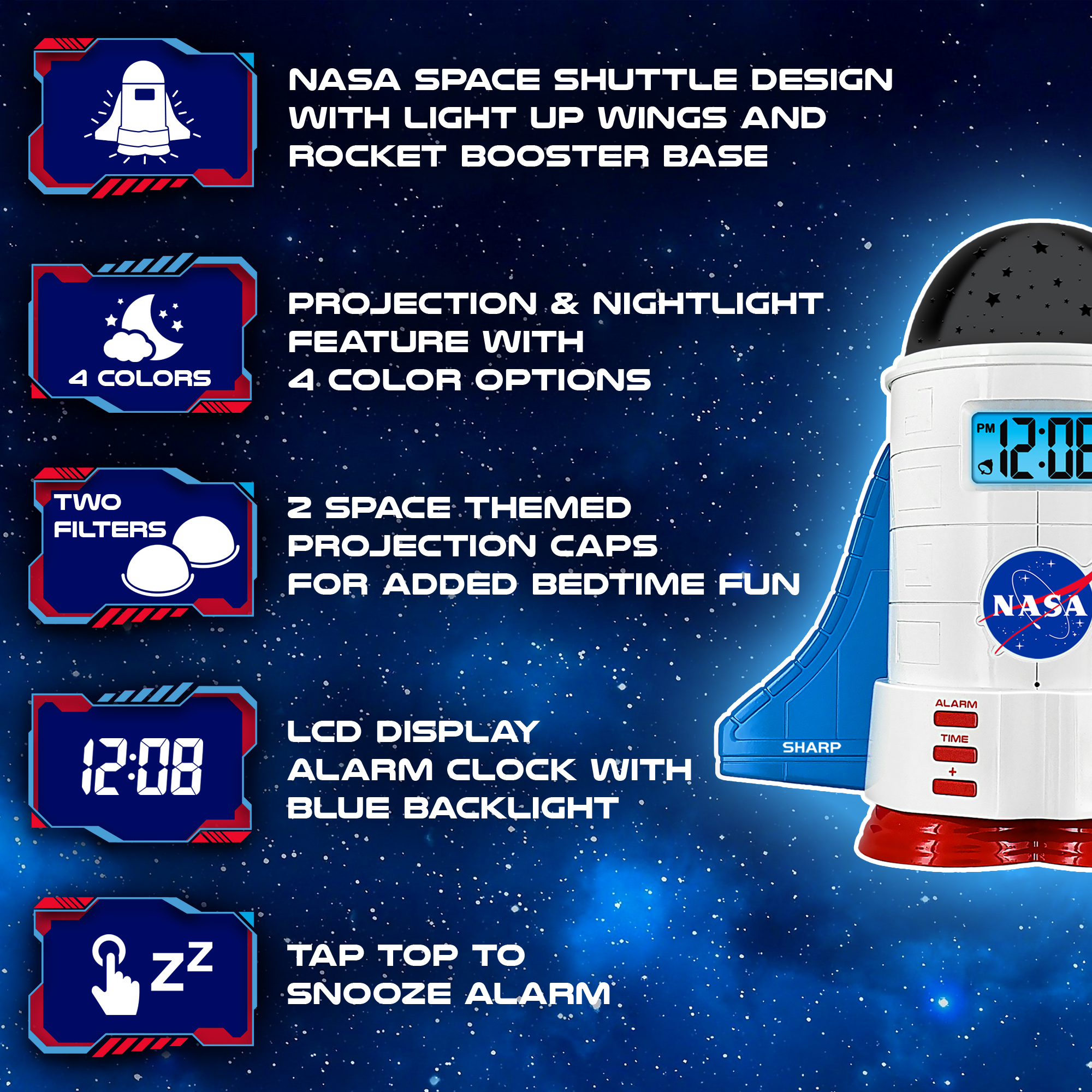 Sharp NASA Space Shuttle Night Light LCD Clock, Nightlight with 4 Color Options, 2 Space Themes - image 2 of 8