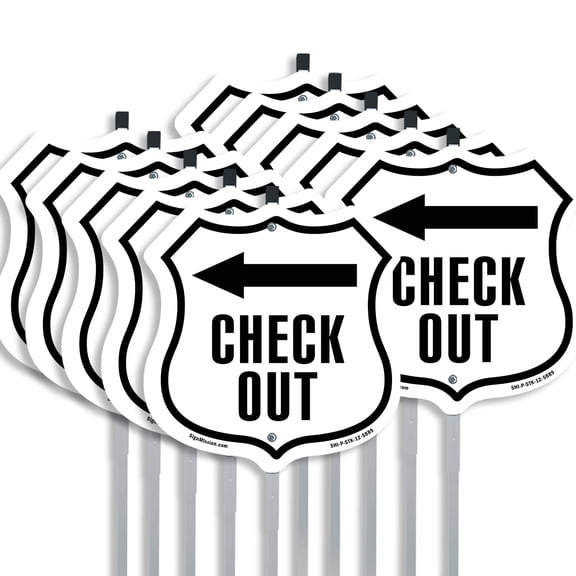 Check-Out Left (10 Pack) 12 inch X 12 inch Shield Shaped Rust-Free Aluminum Metal Signs with Aluminum Mounting Stakes Weather Resistant Made in the USA