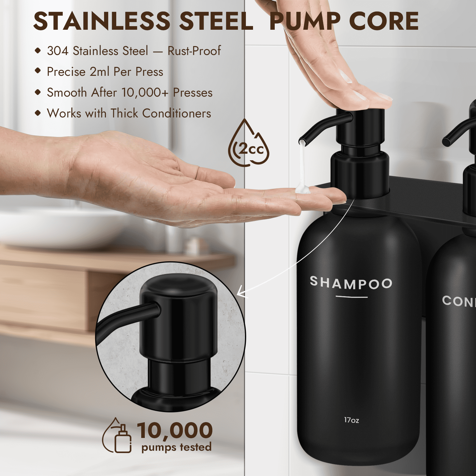 Nurforta Shampoo and Conditioner Dispenser - Shower Soap Dispenser Wall Mounted - 17 fl oz Set of 3 Black Plastic Bottles with Stainless Steel Pumps & No-Drill Adhesive Holders for Bathroom