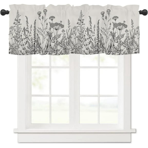 Black Grey Leaf Wildflower Kitchen Curtains Valances for Windows Spring Summer Leaves Rod Pocket Valance Window Treatments Farmhouse Toppers Curtain 54x18 Inch for Bedroom Bathroom Living Room Decor