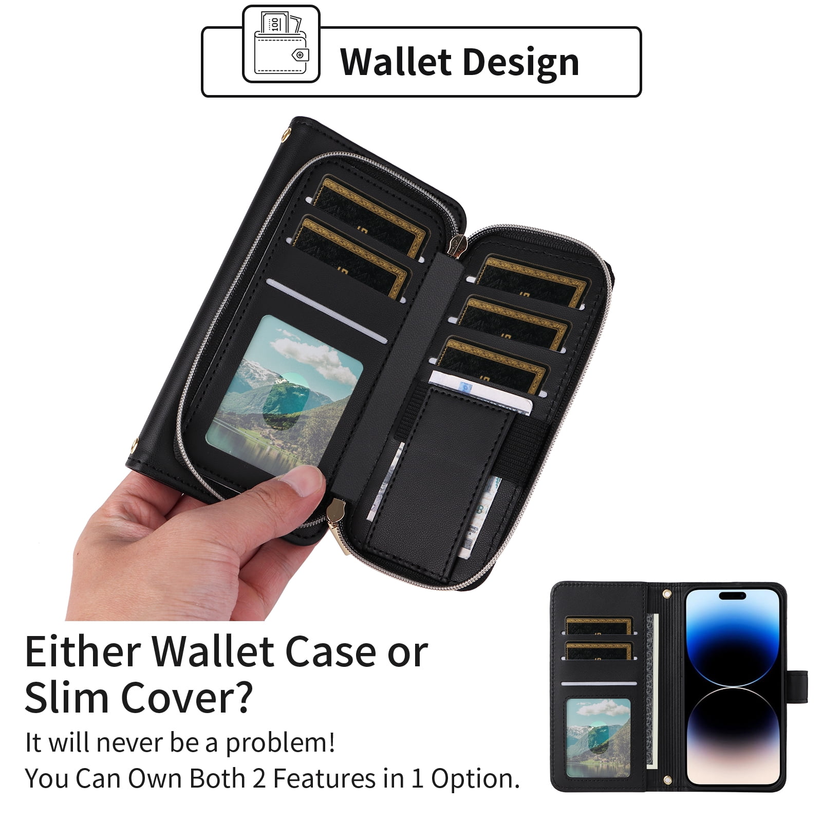 Furiet Argyle Wallet Case Compatible with iPhone 16 Pro Max 6.9 inch with Wrist Strap Shoulder Strap, Card Slots Zipper Purse Stand Phone Cover for i Phone16 16Pro i16 ProMax 16ProMax Black