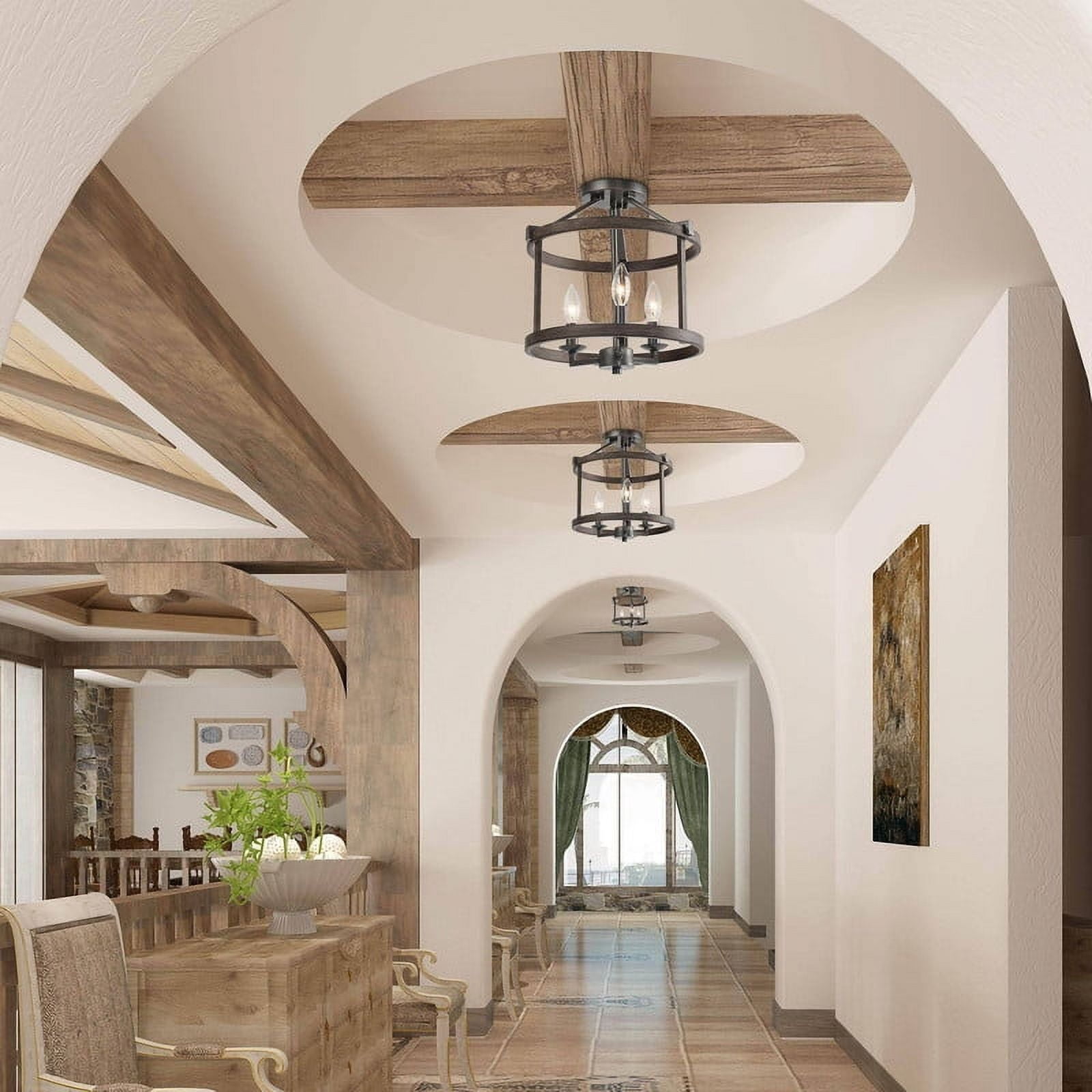 LNC 3-Light Rustic Drum Semi Flush Mount Ceiling Light with Wood Grain Metal Frame
