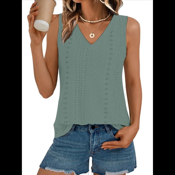 Camiseta de Tirantes de Verano para Mujer, con Bordado de Ojales, Sin Mangas, Cuello en V, Holgada, Informal, 2025 Verde XXL
