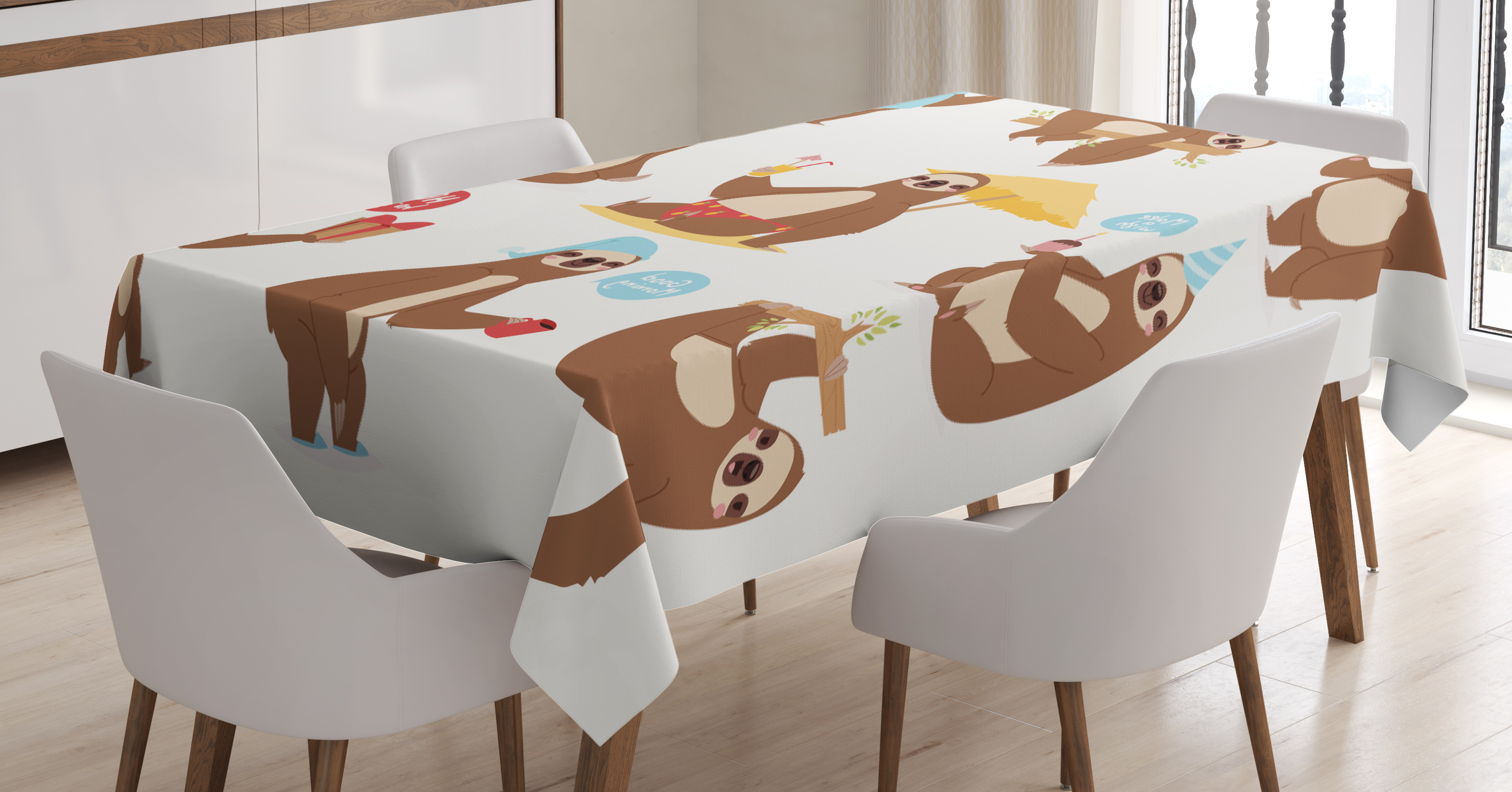 Sloth Tablecloth, Cute Funny Sluggard Animal Character Different Poses