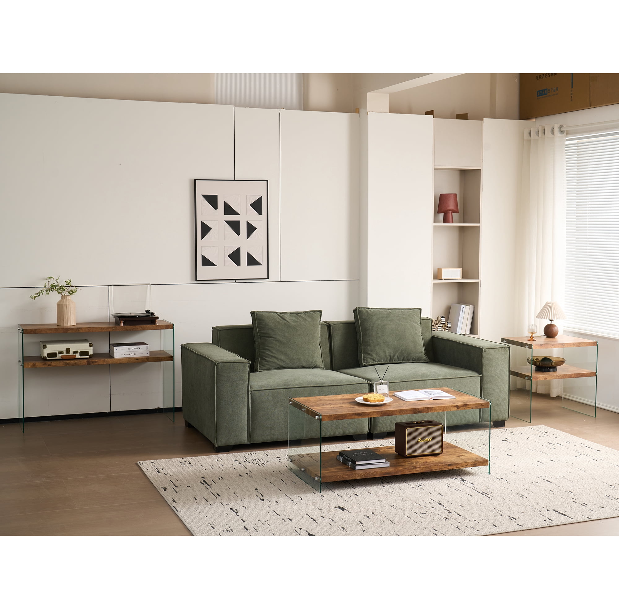 MDF Coffee Table, Small Tea Table with Tempered Glass Top and Walnut Finish, Living Room Sofa Table for Home Office Restaurant Outdoor, Easy to Clean and Safe with Rounded Edges